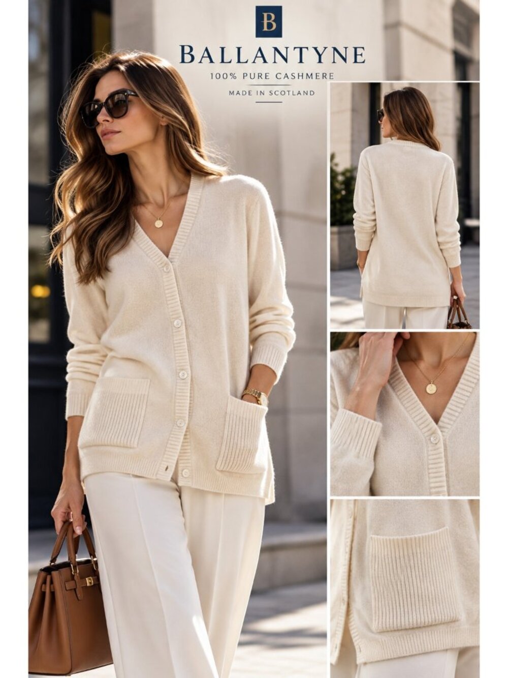 Vintage Ballantyne Scotland 100% Pure Cashmere Cream Long Cardigan Sweater M